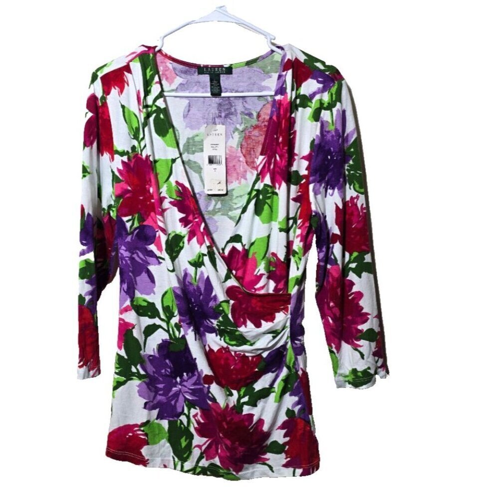 Lauren Ralph Lauren Blouse L Floral Pleated Flattering 3/4 Sleeve Pullover Women